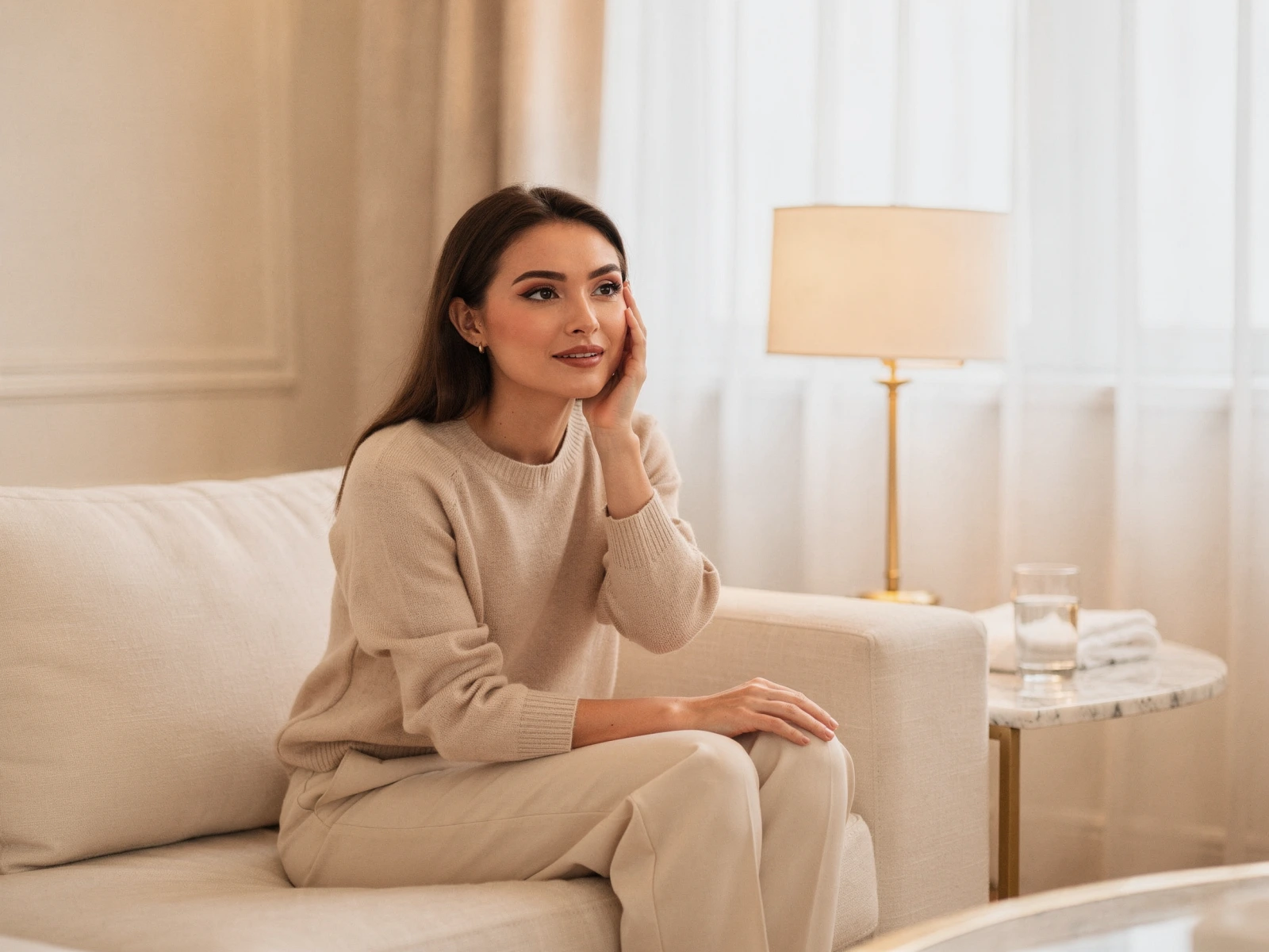 Woman sitting on a couch holding her cheek, appearing to experience tooth pain
